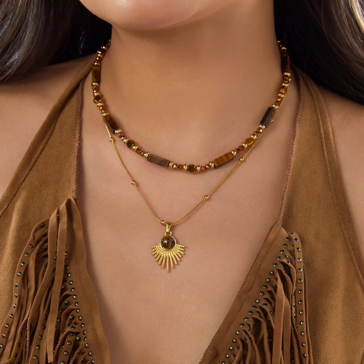Layered Pendant Necklace Aesthetic - Aesthetic Autumn Brown Natural Tiger‑eye Beaded