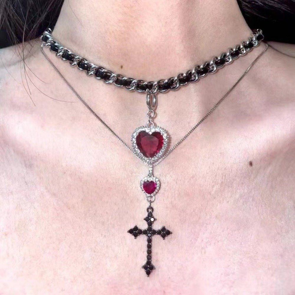 Layered Pendant Necklace Aesthetic - Punk Grunge Red Heart Crystal Cross