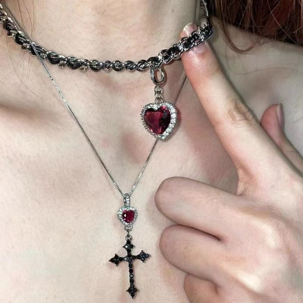 Punk Grunge Red Heart Crystal  - Layered Pendant Necklace Aesthetic ulasan dan harga