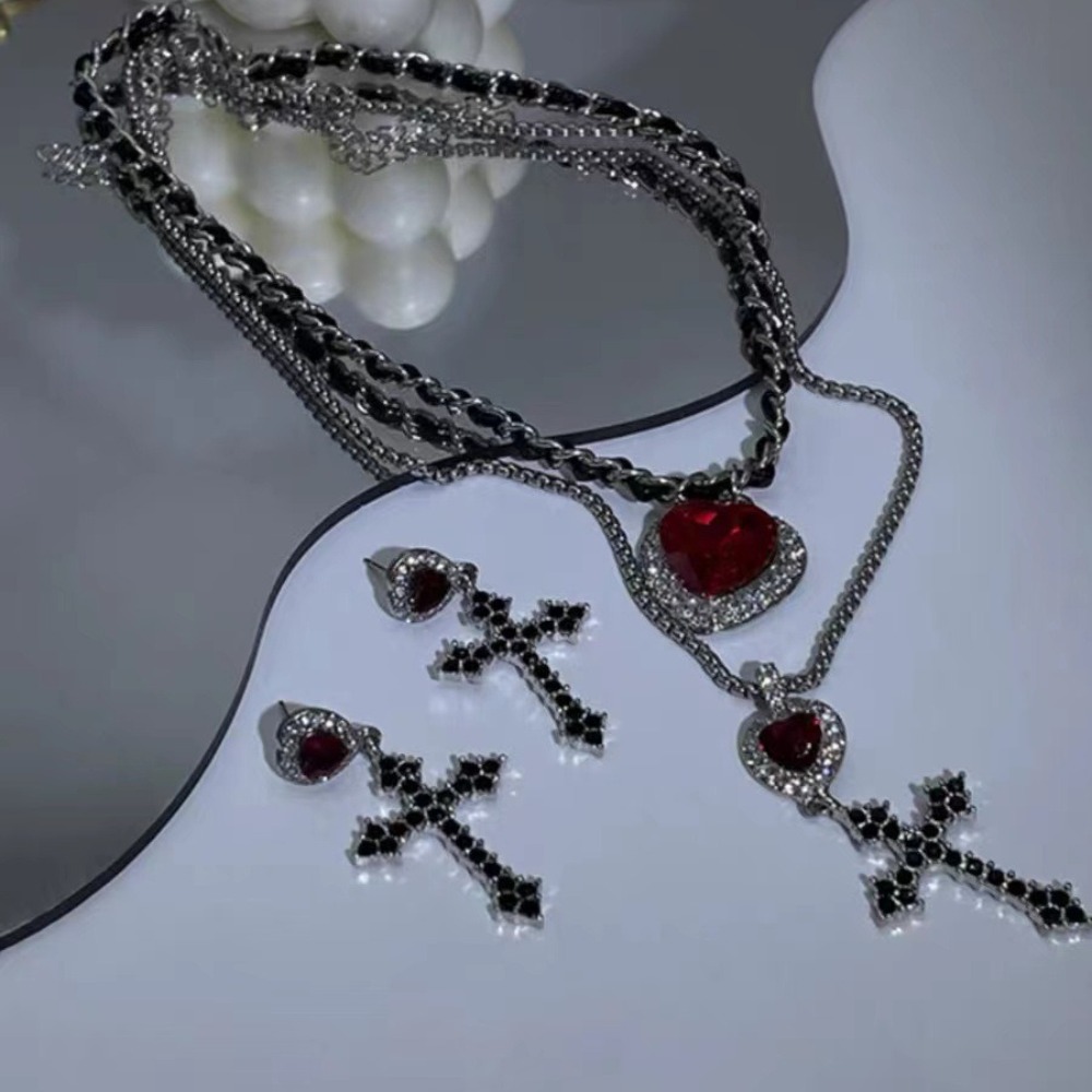 Punk Grunge Red Heart Crystal  - Layered Pendant Necklace Aesthetic ulasan dan harga