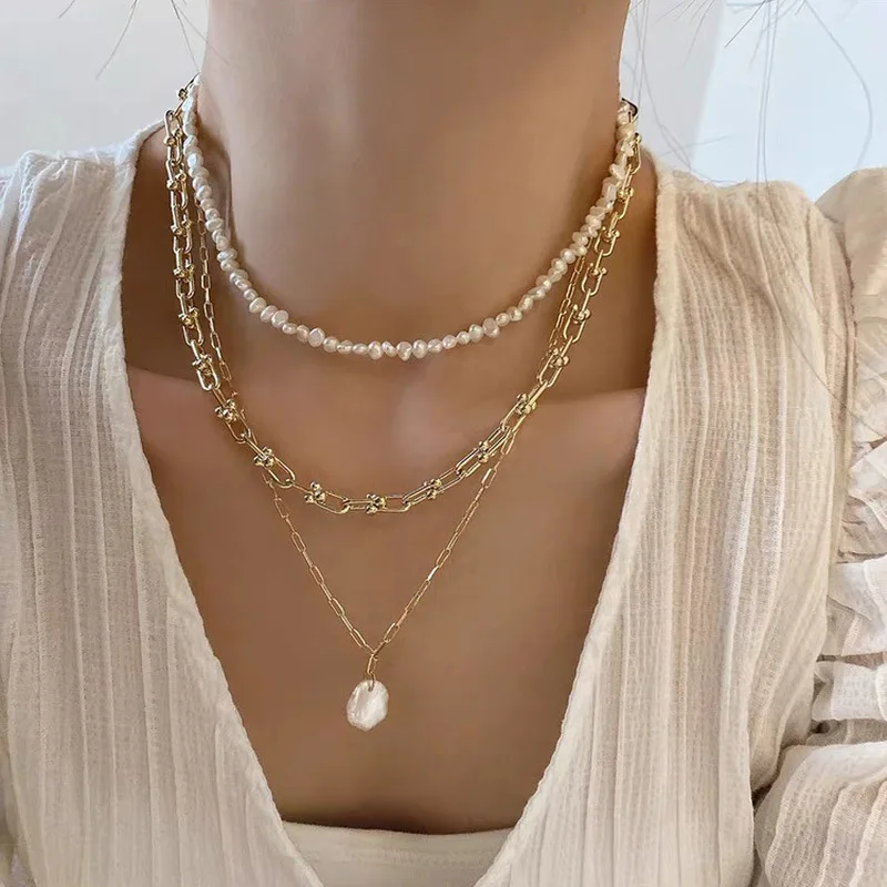 French Retro Link Chain Natura - Pearl Choker Necklace Vintage ulasan dan harga